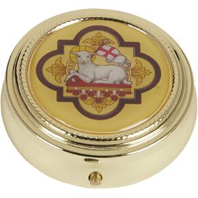 Gold Tone Agnus Dei Lamb of God PYX with Epoxy Lid, 2 1/4 Inch