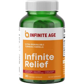 INFINITE AGE Infinite Relief Joint Support Turmeric Supplement, 30 Capsules - USA Made, Vegan, Gluten Free, All-Natural - 250mg Turmeric Extract, Plus 240mg Salicin from White Willow Bark Extract