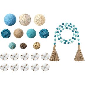 Jutom Beach Decorative Balls for Bowls Set 58 Inches Sea Wood Bead Garland with Tassel 10pc Woven Balls 10pc Artificial Cotton Blue Nautical Farmhouse Rustic Bead Garland for Coastal Home Decor(Blue)