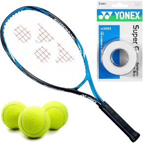 Yonex EZONE Bright Blue 21 Inch Junior Tennis Racquet Starter Set or Kit for Boys Bundled with a 3-Pack of White Super GRAP Overgrips and a Can of Tennis Balls