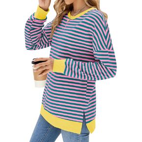 Fashionme 2024 إمرأة مخطط كتلة الألوان تونك القمم الشقوق الجانبية الخريف البلوز كم طويل تي شيرت Crewneck فضفاض العصرية