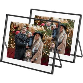 Qiannhee Floating Frame(Vertical & Horizontal),8x10 Black Picture Frame Hold 7x9in 6x8in 5x7in Photo for Tabletop Display, Glass Metal Black Frame Set of 2 as Valentine's Day, Wedding Gift