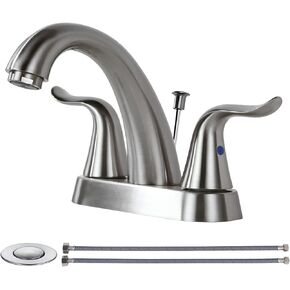 WOWOW Bathroom Faucet 2 Handle 4 Inch Centerset Bathroom Sink Faucet, Lead-Free Basin Mixer Tap with Lift Rod Drain Stopper, 2 Handle Centerset Lavatory Faucet Brushed Nickel Vanity Faucet