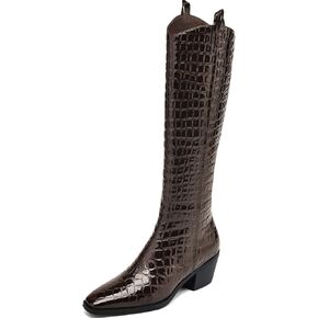 Womens Cowboy Boots Chunky Heel Pointed Toe Western Knee High Boots for Women High Heel Side Zipper Long Boots
