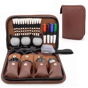 Golf Accessories for Men and Women, Golf Gifts for Him with Leather Case, Golf Brush, Golf Balls, Golf Tees, Golf Ball Clamp, Golf Divot, Golf Ball Line Marker Tool,Golf Ball Marking Stencils (Brown)