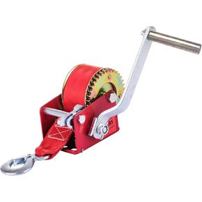 Hand Winch 600 lbs Capacity Portable Metal Towing Hand Crank with Brake 20 feet Nylon Straps and Handle Hook 2 Gear Adjustable for Boat Trailer Truck ATV Lift