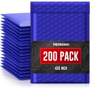 METRONIC Small Bubble Mailers 4x8 200 Pack Waterproof Blue Bubble Mailers Self Seal Padded Envelopes Bubble Envelopes for Small Business Packaging Sports Cards Bubble Mailer Usable Size 4x7