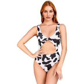 WDIRARA Women's Cow Print Cut Out Tie Front One Piece Swimsuit Monokini Swimwear