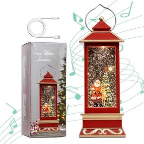 12" Christmas Snow Globe Lantern with Santa Claus and Reindeer - Water Swirling Glitter LED Light Lantern with Music - Vintage Xmas Gifts - USB Plug or Battery Operated Home Decor (Santa Claus)