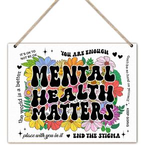 Mental Health Wall Decor Inspirational Therapy Wood Sign for Counseling Office Classroom, Mental Health Matters Wooden Hanging Plaque Sign 8 X 10 Inches