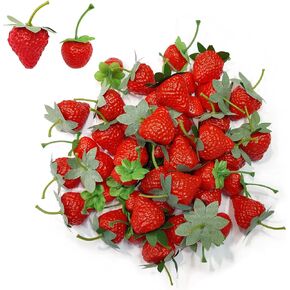 60Pcs Artificial Strawberries, Fake Lifelike Fruit Plastic Strawberries, Artificial Fruits Decoration for Home Kitchen Party Wedding Photography Prop