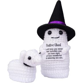 Halloween Positive Ghost Walking Dog Doll, Funny Knitted Crochet Doll Spooky Ghost Dog Toy with Witch Hat Halloween Easter Decoration Gifts Encouragement