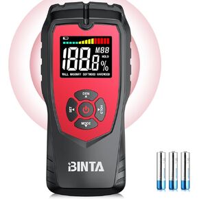 BINTA Pinless Moisture Meter Non-Destructive Wood Moisture Meter Detector with Large Batteries for Walls, Wood and Masonry, Woodworking with LCD Display Sound Alarm, 4 Modes Damp Meter for Firewood