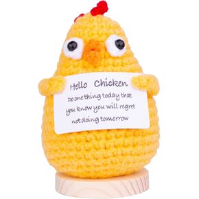 Handmade Emotional Support Crochet Animal Gift, Funny Positive Animals Knitting Doll Gift Car Ornament with Wooden Base Positive Affirmation Card for Car Home Office(D5)