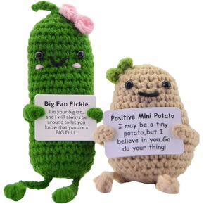 Emotional Support Plush - Positive Crochet Potato & Pickle, Cute & Funny Birthday, Anniversary, Christmas, Graduation Gifts, Room or Office Desk Decor for Women & Men (2 PCS with Base)