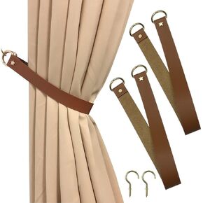 Leather Curtain Tiebacks, Decorative PU Leather Curtain Rod Holder Window Treatment Holdbacks with 2 Metal Hooks for Home Office Bedroom, Living Room Curtain Decor 2 Pack (Black)