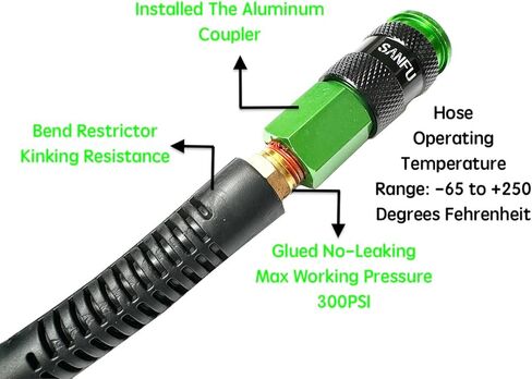 خرطوم هواء من البولي يوريثين (PU) مقاس 1/4 بوصة × 100 قدم، معزز وخفيف الوزن ومقاوم لدرجة الحرارة المنخفضة 300 رطل لكل بوصة مربعة مع وصلة توصيل سريعة من الألومنيوم الصناعي دوارة 1/4 بوصة، ومقيد الانحناء، أخضر (100 بوصة) in Kuwait