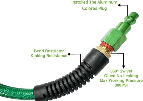 خرطوم هواء من البولي يوريثين (PU) مقاس 1/4 بوصة × 100 قدم، معزز وخفيف الوزن ومقاوم لدرجة الحرارة المنخفضة 300 رطل لكل بوصة مربعة مع وصلة توصيل سريعة من الألومنيوم الصناعي دوارة 1/4 بوصة، ومقيد الانحناء، أخضر (100 بوصة) in Kuwait