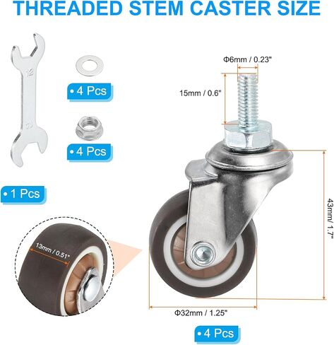 PATIKIL 2 Inch Stem Casters, 4 Pack Low Profile TPR Threaded Swivel Caster Wheel 360 Degree Rotation M8 x 15mm Total Load 231 Lbs for Rolling Cart Dolly Furniture Replacement, Brown in Saudi Arabia