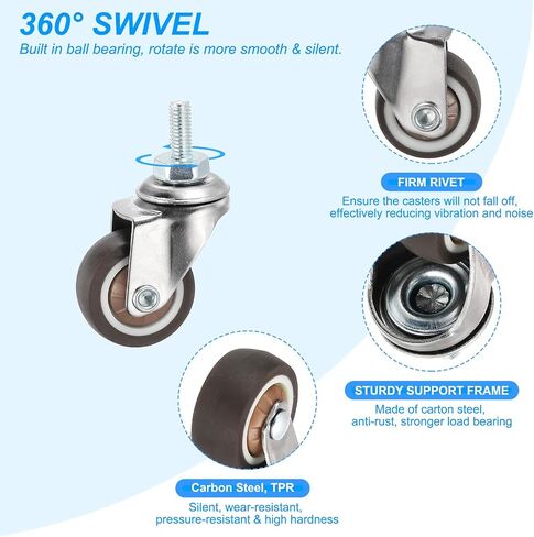 PATIKIL 2 Inch Stem Casters, 4 Pack Low Profile TPR Threaded Swivel Caster Wheel 360 Degree Rotation M8 x 15mm Total Load 231 Lbs for Rolling Cart Dolly Furniture Replacement, Brown in Saudi Arabia