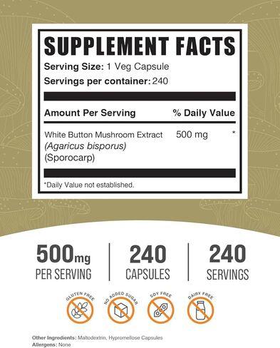 BulkSupplements.com White Button Mushroom Capsules - Mushroom Supplement, Agaricus Mushroom Capsules - White Button Mushroom Extract, Vegan, 240 Veg Capsules (Pack of 1) in Saudi Arabia