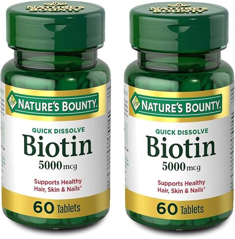 بيوتين Nature's Bounty، مكمل فيتامين، يدعم عملية التمثيل الغذائي للطاقة الخلوية وصحة الشعر والبشرة والأظافر، 5000 ميكروجرام، 60 سريع الذوبان (عبوة من قطعتين) in Kuwait
