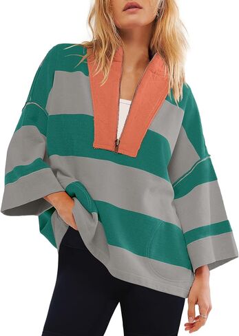 Yanekop Womens Oversized Striped Shirt Half Zip Sweatshirt Color Block V Neck Top Casual Loose Pullover Y2k in Kuwait