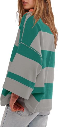 Yanekop Womens Oversized Striped Shirt Half Zip Sweatshirt Color Block V Neck Top Casual Loose Pullover Y2k in Kuwait