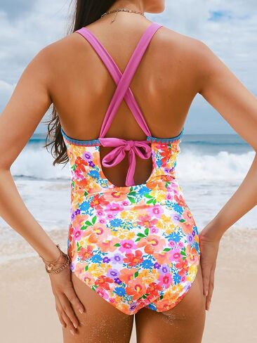 CUPSHE Women's One Piece Swimsuit Tummy Control Square Neck Bathing Suit Front Cutout Crisscross Back Tie Full Coverage in Saudi Arabia