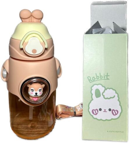 Kawaii Bear Water Bottle with Straw and Shoulder Strap,and Sticker pack 20 ozWater Bottle Portable Leakproof Water Bottle for School Adjustable Strap (Orange) in Saudi Arabia