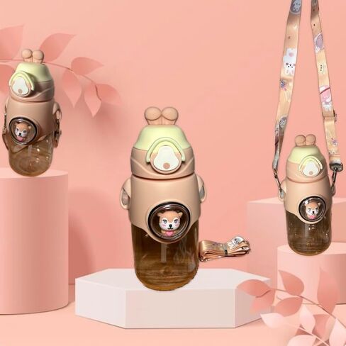 Kawaii Bear Water Bottle with Straw and Shoulder Strap,and Sticker pack 20 ozWater Bottle Portable Leakproof Water Bottle for School Adjustable Strap (Orange) in Saudi Arabia
