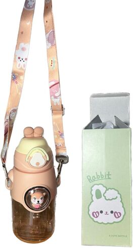 Kawaii Bear Water Bottle with Straw and Shoulder Strap,and Sticker pack 20 ozWater Bottle Portable Leakproof Water Bottle for School Adjustable Strap (Orange) in Saudi Arabia