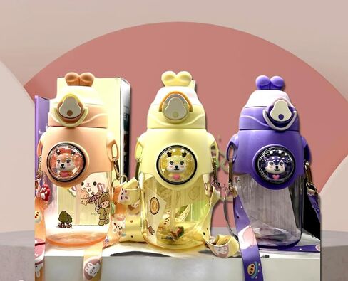 Kawaii Bear Water Bottle with Straw and Shoulder Strap,and Sticker pack 20 ozWater Bottle Portable Leakproof Water Bottle for School Adjustable Strap (Orange) in Saudi Arabia