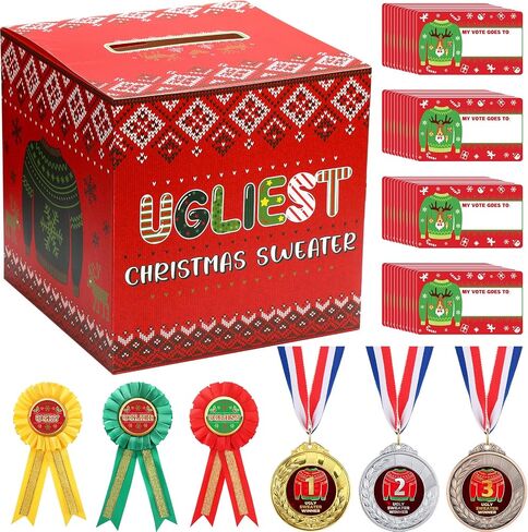 67 Pcs Xmas Ugly Sweater Game Sets Ugly Sweater Contest Voting Box 60 Ballot Cards 3 Award Ribbons and 3 Medals for Ugliest Sweater Contest Party Supplies in Saudi Arabia