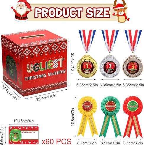 67 Pcs Xmas Ugly Sweater Game Sets Ugly Sweater Contest Voting Box 60 Ballot Cards 3 Award Ribbons and 3 Medals for Ugliest Sweater Contest Party Supplies in Saudi Arabia