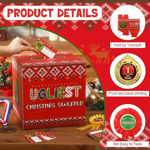 67 Pcs Xmas Ugly Sweater Game Sets Ugly Sweater Contest Voting Box 60 Ballot Cards 3 Award Ribbons and 3 Medals for Ugliest Sweater Contest Party Supplies in Saudi Arabia