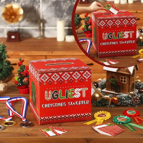 67 Pcs Xmas Ugly Sweater Game Sets Ugly Sweater Contest Voting Box 60 Ballot Cards 3 Award Ribbons and 3 Medals for Ugliest Sweater Contest Party Supplies in Saudi Arabia