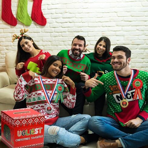 67 Pcs Xmas Ugly Sweater Game Sets Ugly Sweater Contest Voting Box 60 Ballot Cards 3 Award Ribbons and 3 Medals for Ugliest Sweater Contest Party Supplies in Saudi Arabia