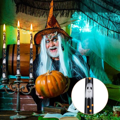 6 Pcs 9.8" Black Halloween Taper Candles Ghost Candles Unscented Taper Candles Ghost Halloween Decor for Halloween Dinner Table Party Gift Home Decorations in Saudi Arabia