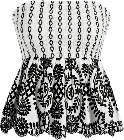 MakeMeChic Women's Boho Tropical Priont Peplum Tube Top Shirred Flared Ruffle Hem Summer Bandeau Shirts in Saudi Arabia