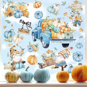 wondever Fall Woodland Animals Window Clings Autumn Pumpkin Fox Squirrel Owl Raccon Glass Sticker Decal Anti Collision Double-Side Static Window Stickers for Home Glass Window