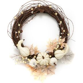 DecorbyHannah Fall Wreath for Front Door, 22 inch Grapevine Natural Wreath with White Pumpkins Maple Leaves for Farmhouse Harvest Thanksgiving Home Wall Window Indoor Outdoor Decor