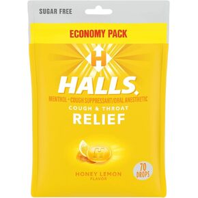 Halls Sugar Free, Honey Lemon Flavor Relief Cough Drops, Economy Pack, 70 Drops Pack Bundle Bullet Holder