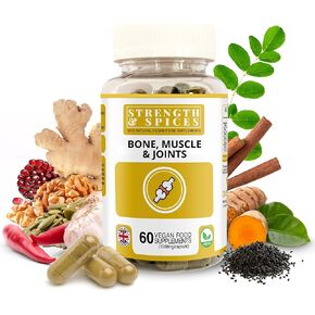 Strength & Spices Bone, Muscle & Joints 100% Natural Supplement – 28 Ingredients w Turmeric - 60 Vegan UK Made 1000mg Capsules – Mobility and Flexibility Support