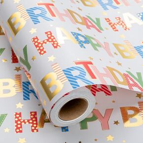 Merture Colorful Wrapping Paper Roll, Happy Birthday Gift Wrap - 17 In X 32.8 Ft - 1 Roll (46.5 sq.ft.ttl.) Foil Happy Birthday Lettering & Candles Wrapping Paper