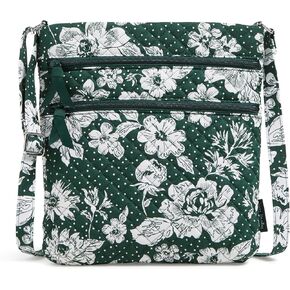 Vera Bradley Cotton Collegiate Triple Zip Hipster Crossbody Purse (Multiple Teams Available), Dk Green/White Rain Garden