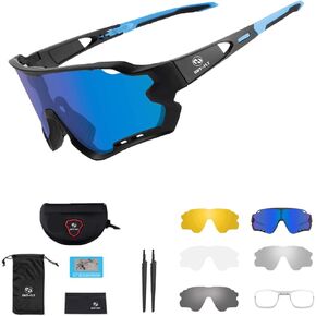 Polarized Cycling Glasses, Polarized Sports Sunglasses with 5 Interchangeable Lenses UV Protection for Mens Womens TR90 Cycling Glasses, Cycling, Baseball, Fishing, Ski Running, Golf (Blue)