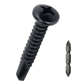 #12 x 1" Pan Head Self Drilling Screws (50 pcs), 410 Stainless Steel, Phillips Drive #2, Black Oxide Coated Pan Head Self Tapping Screws, Fayeploo (with Phillips Driver Bit)