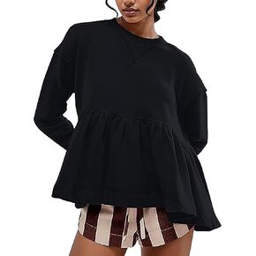 Women Solid Loose Long Sleeve Drop Shoulder Crew Neck Pleated Peplum Ruffle Solid Loose Sweatshrit Pullover Top