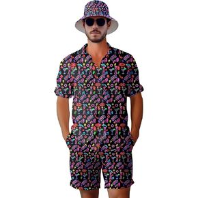 Mens 2 Piece Tracksuit Hawaiian Shirt for Men Button Down Shirts Shorts Rave Outfits with Bucket Hats